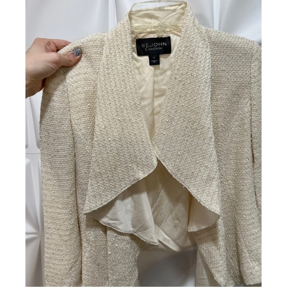 St John Couture Women Sz 2 Ivory Tweed Metallic Silver Gold Ruffle Blazer Jacket - Picture 7 of 10